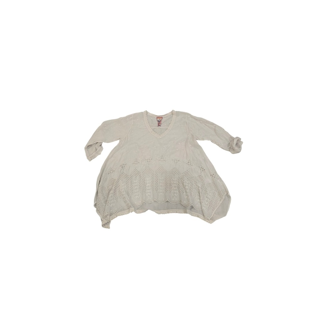 Johnny Was XS Tunic Top Cream Eyelet Embroidery Boho Bohemian Blouse